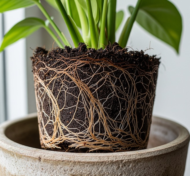 화분에서 뿌리가 삐져나온 관엽식물의 모습